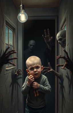 A bald boy trapped in a dimly lit, locked room, surrounded by menacing zombies looming outside the windows