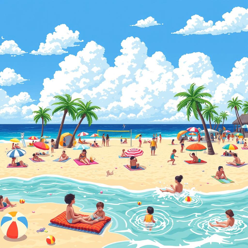 A vibrant pixel art scene depicting a lively beach filled with people enjoying their day