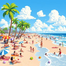 A vibrant pixel art scene depicting a lively beach filled with people enjoying their day