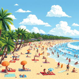 A vibrant pixel art scene depicting a lively beach filled with people enjoying their day