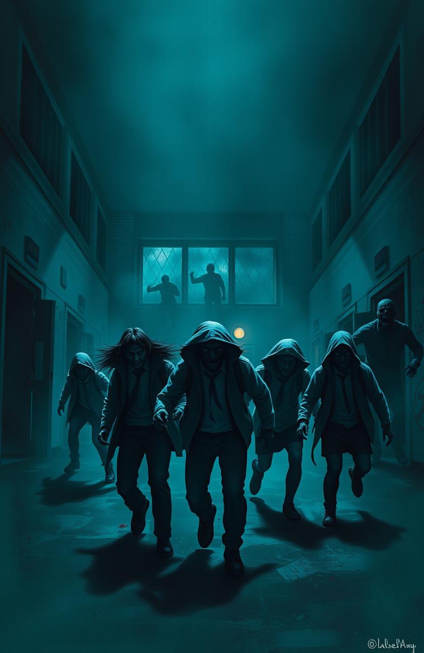 A dark and eerie school environment overrun by zombies, featuring a group of five heroic figures in a dynamic pose as they attempt to escape