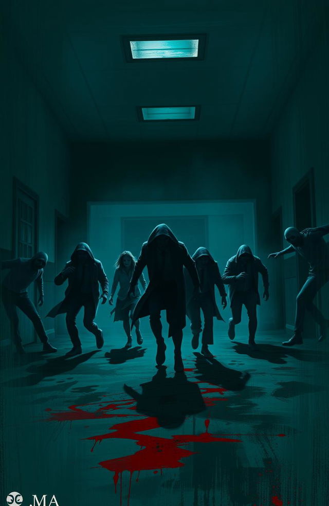 A dark and eerie school environment overrun by zombies, featuring a group of five heroic figures in a dynamic pose as they attempt to escape