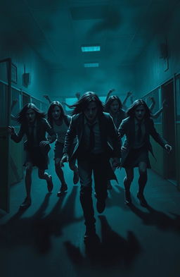 A dark and eerie school environment overrun by zombies, featuring a group of five heroic figures in a dynamic pose as they attempt to escape