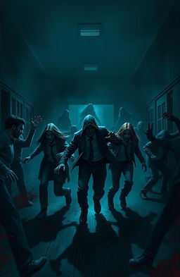 A dark and eerie school environment overrun by zombies, featuring a group of five heroic figures in a dynamic pose as they attempt to escape