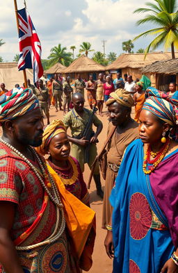 A dramatic scene depicting the clash between traditional Igbo society and colonial forces, featuring vibrant colors and traditional Igbo attire, including men and women in ornate woven fabrics, headwraps, and jewelry
