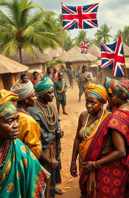 A dramatic scene depicting the clash between traditional Igbo society and colonial forces, featuring vibrant colors and traditional Igbo attire, including men and women in ornate woven fabrics, headwraps, and jewelry