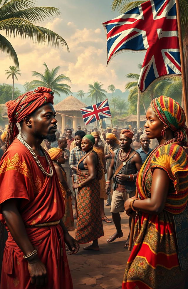 A dramatic scene depicting the clash between traditional Igbo society and colonial forces, featuring vibrant colors and traditional Igbo attire, including men and women in ornate woven fabrics, headwraps, and jewelry