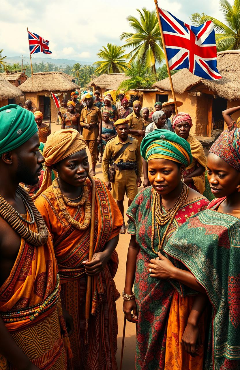 A dramatic scene depicting the clash between traditional Igbo society and colonial forces, featuring vibrant colors and traditional Igbo attire, including men and women in ornate woven fabrics, headwraps, and jewelry