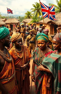 A dramatic scene depicting the clash between traditional Igbo society and colonial forces, featuring vibrant colors and traditional Igbo attire, including men and women in ornate woven fabrics, headwraps, and jewelry