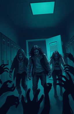 A dramatic scene depicting a zombie virus outbreak at a school