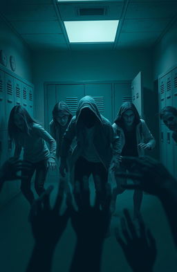 A dramatic scene depicting a zombie virus outbreak at a school