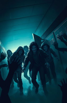 A dramatic scene depicting a zombie virus outbreak at a school