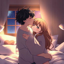 An intimate scene depicting a kiss between a boy and a girl in a cozy bedroom setting