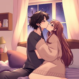 An intimate scene depicting a kiss between a boy and a girl in a cozy bedroom setting