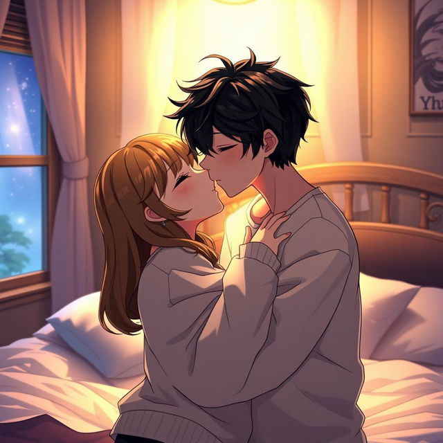 An intimate scene depicting a kiss between a boy and a girl in a cozy bedroom setting