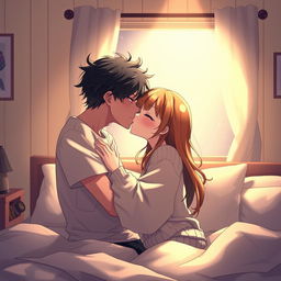 An intimate scene depicting a kiss between a boy and a girl in a cozy bedroom setting