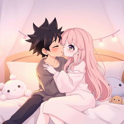 A romantic scene of a boy kissing a girl in an anime style, set in a cozy bedroom