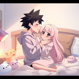 A romantic scene of a boy kissing a girl in an anime style, set in a cozy bedroom