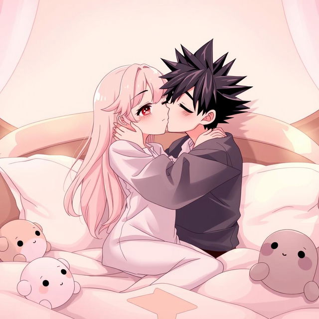 A romantic scene of a boy kissing a girl in an anime style, set in a cozy bedroom