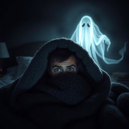 A cozy bedroom scene where a person is hiding under a thick, soft blanket with only their eyes peeking out, showing a look of fear and concern