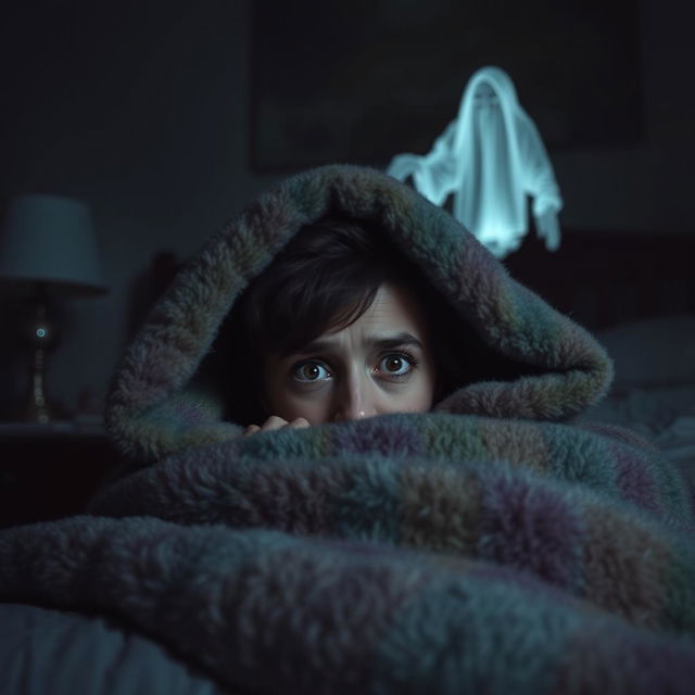 A cozy bedroom scene where a person is hiding under a thick, soft blanket with only their eyes peeking out, showing a look of fear and concern