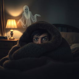 A cozy bedroom scene where a person is hiding under a thick, soft blanket with only their eyes peeking out, showing a look of fear and concern