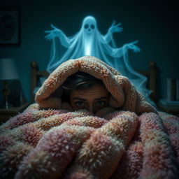 A cozy bedroom scene where a person is hiding under a thick, soft blanket with only their eyes peeking out, showing a look of fear and concern