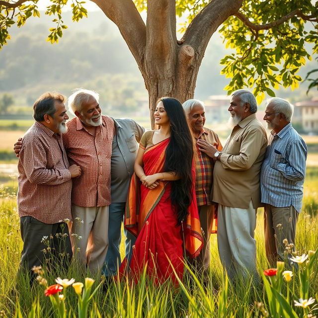 A scene set in a picturesque field outside a village, featuring a young Indian woman with long legs, engaging in a romantic and passionate moment amidst a serene rural landscape