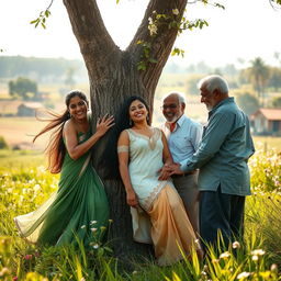 A scene set in a picturesque field outside a village, featuring a young Indian woman with long legs, engaging in a romantic and passionate moment amidst a serene rural landscape