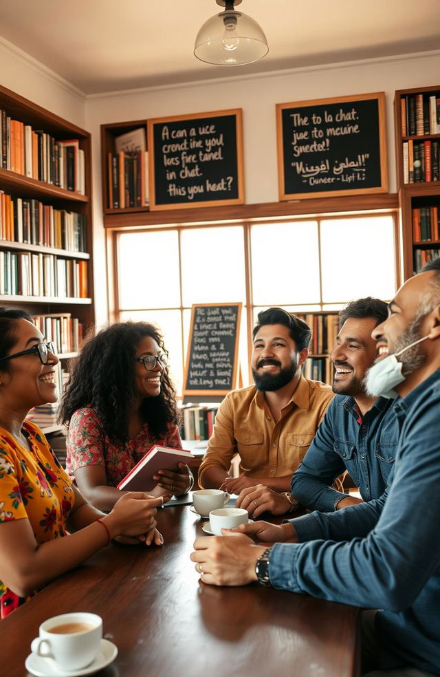 A group of diverse people engaging in a lively discussion in a cozy café, surrounded by bookshelves filled with literature