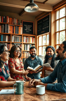 A group of diverse people engaging in a lively discussion in a cozy café, surrounded by bookshelves filled with literature