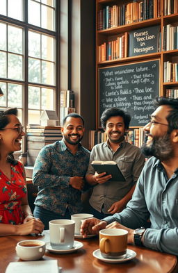 A group of diverse people engaging in a lively discussion in a cozy café, surrounded by bookshelves filled with literature