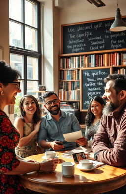 A group of diverse people engaging in a lively discussion in a cozy café, surrounded by bookshelves filled with literature