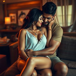 A romantic and intimate scene set in a modest lodge with warm lighting, featuring a cute Indian woman with sexy long legs