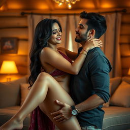 A romantic and intimate scene set in a modest lodge with warm lighting, featuring a cute Indian woman with sexy long legs