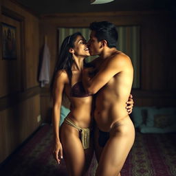 A sultry Indian woman with long, sexy legs captured in an intimate moment with a poor Indian man inside a modest lodge room