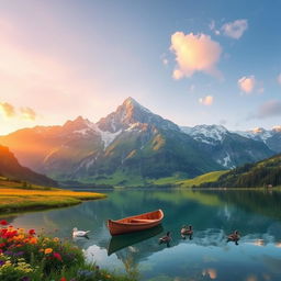 A serene mountain landscape at sunrise, featuring towering snow-capped peaks bathed in golden light, lush green valleys below dotted with vibrant wildflowers of various colors