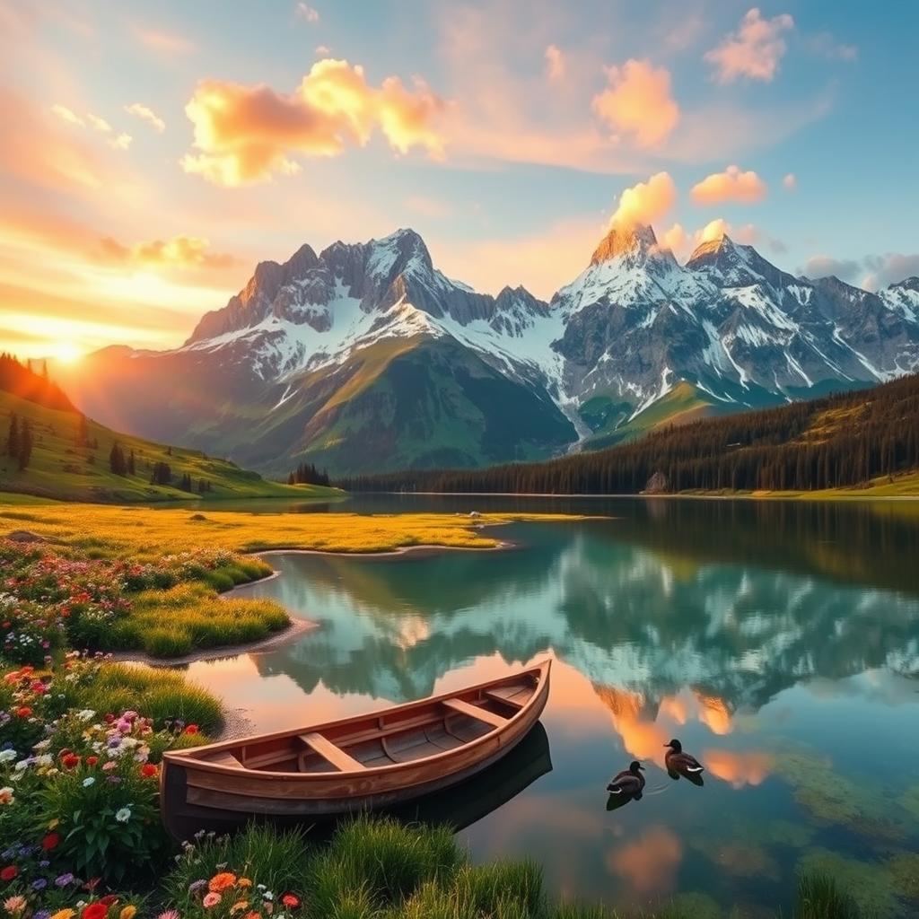 A serene mountain landscape at sunrise, featuring towering snow-capped peaks bathed in golden light, lush green valleys below dotted with vibrant wildflowers of various colors