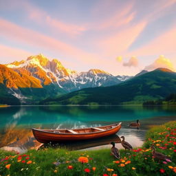 A serene mountain landscape at sunrise, featuring towering snow-capped peaks bathed in golden light, lush green valleys below dotted with vibrant wildflowers of various colors