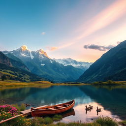 A serene mountain landscape at sunrise, featuring towering snow-capped peaks bathed in golden light, lush green valleys below dotted with vibrant wildflowers of various colors