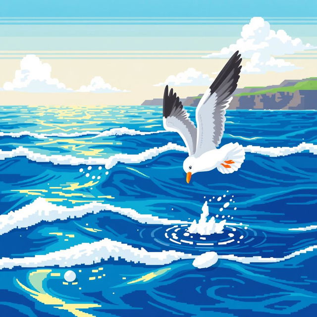 A pixel art depiction of a seagull gracefully falling into the sea