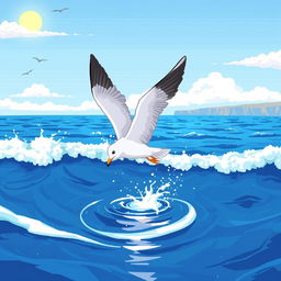 A pixel art depiction of a seagull gracefully falling into the sea