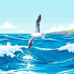 A pixel art depiction of a seagull gracefully falling into the sea