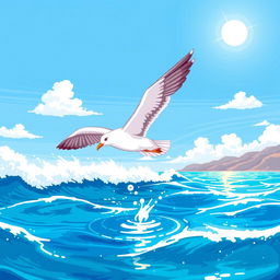 A pixel art depiction of a seagull gracefully falling into the sea