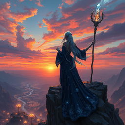 A fantasy scene depicting a powerful sorceress standing atop a cliff, overlooking a vibrant sunset