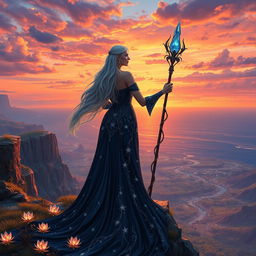 A fantasy scene depicting a powerful sorceress standing atop a cliff, overlooking a vibrant sunset