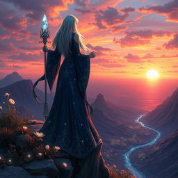 A fantasy scene depicting a powerful sorceress standing atop a cliff, overlooking a vibrant sunset