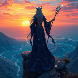 A fantasy scene depicting a powerful sorceress standing atop a cliff, overlooking a vibrant sunset