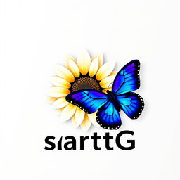 A modern logo featuring a white sunflower (girazol) alongside a blue and purple butterfly