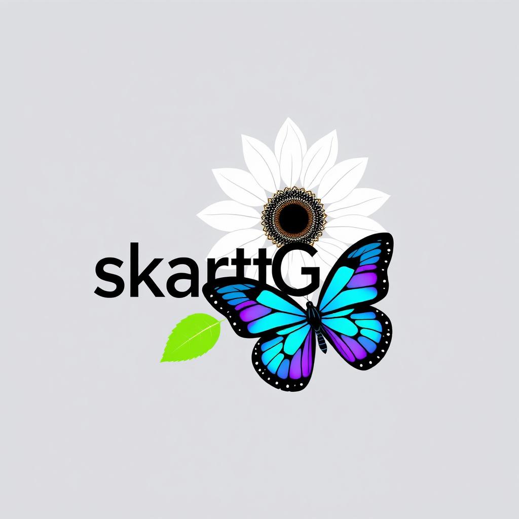 A modern logo featuring a white sunflower (girazol) alongside a blue and purple butterfly